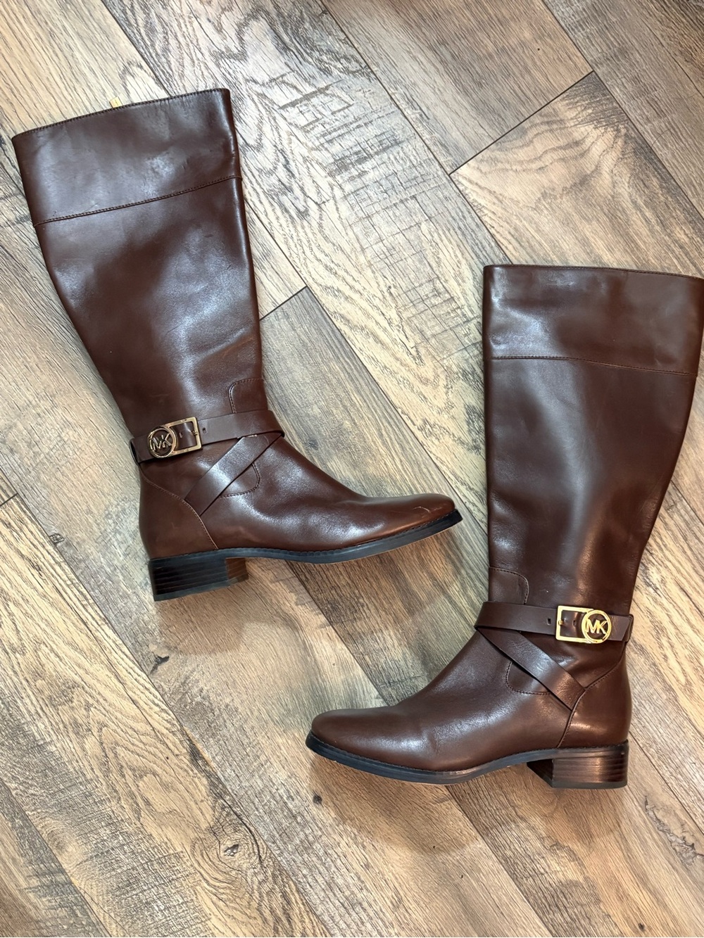 Michael Kors Dark Brown Leather Knee Boots with Gold MK Buckle
